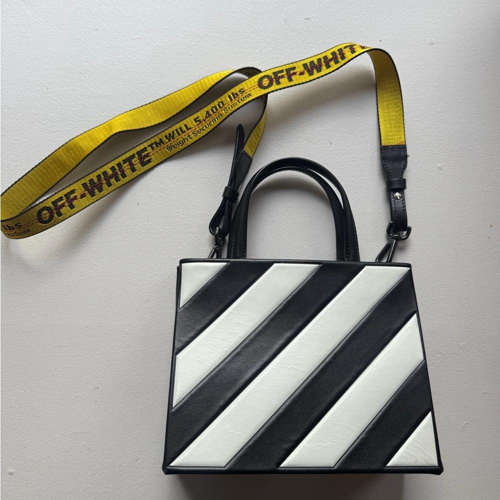 Off-White Black & White Diagonal Stripe Crossbody with Yellow Industrial Strap